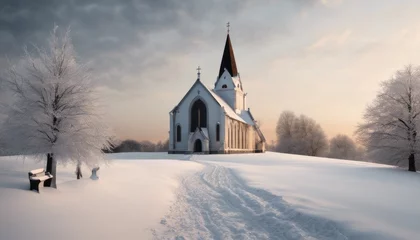 Outdoor-Kissen A serene image of a snowy landscape with a peaceful church adorned in Christmas [Blank Space] for adding text or a message © Max