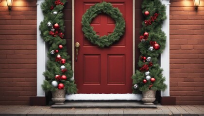 A beautifully decorated Christmas wreath on a front door, perfect for adding a 'Warm Holiday Welcome' message below