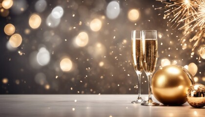 A glamorous New Year's Eve party champagne glasses for a midnight toast - obrazy, fototapety, plakaty
