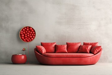 red sofa in strawberry texture in front of white wall. Generative AI