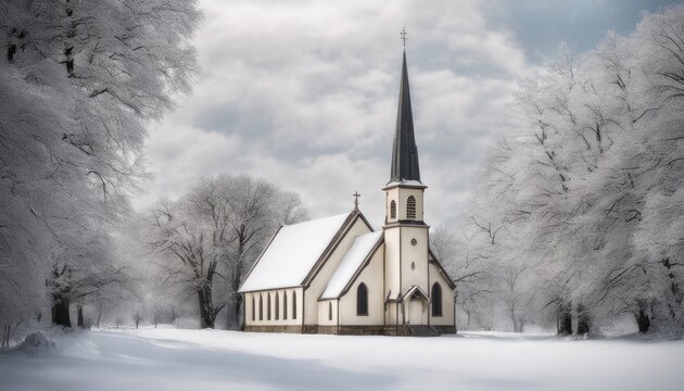 A serene image of a snowy landscape with a peaceful church adorned in Christmas [Blank Space] for adding text or a message