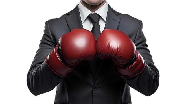 businessman wearing a suit and boxing gloves. Isolated on Transparent background.