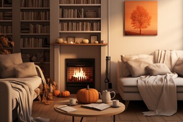 Bright and Cozy Living Room with Fireplace and Halloween Decorations