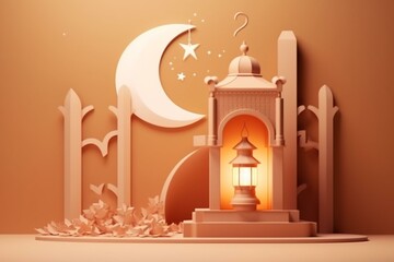 Fototapeta na wymiar Islamic podium with lantern and crescent, cartoon style. Beautiful Muslim invitation for Ramadan and Eid Mubarak. Generative AI