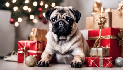 An adorable image of a pug puppy sitting amidst Christmas presents, providing a [Blank Space] for personalized tex