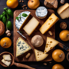 Wooden board with different kinds of delicious cheese on table. Generative Ai.	