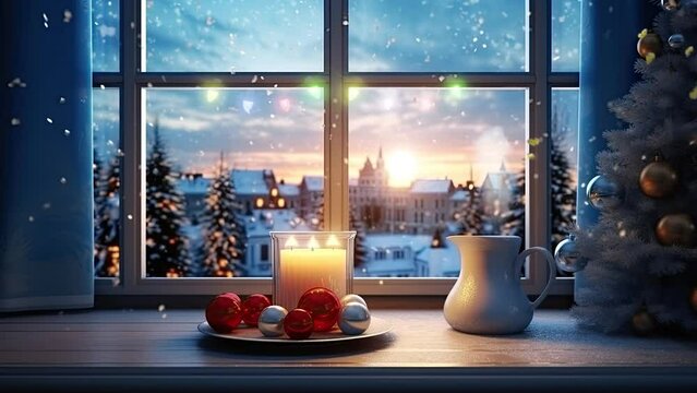 cup of coffee on the window with snowfall in the winter with cartoon or anime style. seamless looping time-lapse virtual 4k video animation background.	