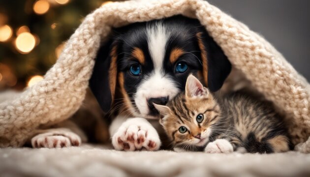 A heartwarming picture of a puppy and kitten sharing a holiday blanket, leaving room for a 'Warm and Fuzzy' message