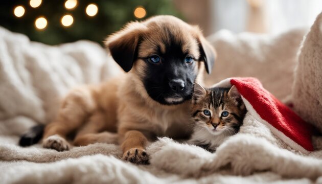 A heartwarming picture of a puppy and kitten sharing a holiday blanket, leaving room for a 'Warm and Fuzzy' message
