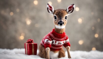 An adorable picture of a baby deer wearing a tiny holiday sweater, leaving room for a 'Deerly Beloved' message