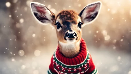 Foto op Canvas An adorable picture of a baby deer wearing a tiny holiday sweater, leaving room for a 'Deerly Beloved' message © Max