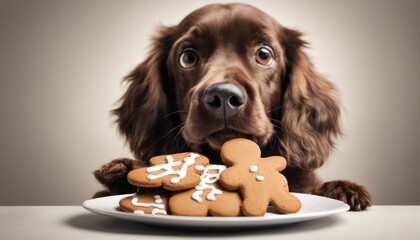 A funny image of a dog trying to steal a gingerbread cookie from a plate, with [Blank Space] for caption - obrazy, fototapety, plakaty