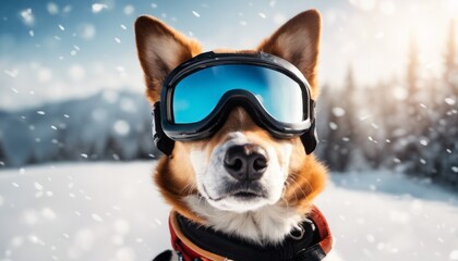 A lighthearted scene of a dog wearing ski goggles, ready for a snowy adventure, with [Blank Space] for a captio - obrazy, fototapety, plakaty