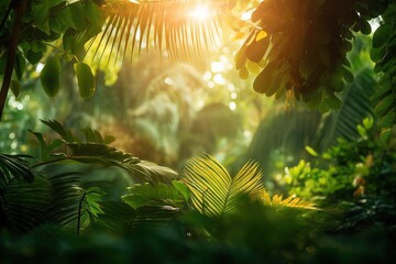  the sun shines through the leaves of a tropical tree.  generative ai