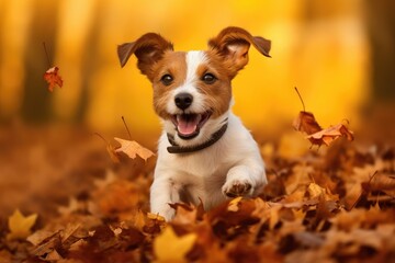 Cute Jack Russell Terrier Puppy Play in Autumn Park Leaves