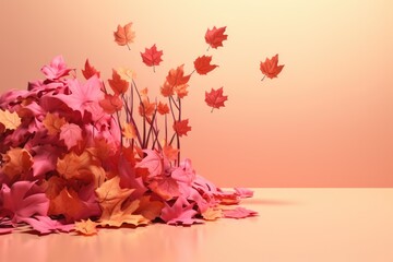 Dreamy pile of Autumn Leaves foliage in Pink Gradient Background