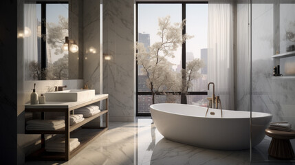Bathroom with a marble countertop and dual vanity sinks and a spacious glass-enclosed shower and a clawfoot tub