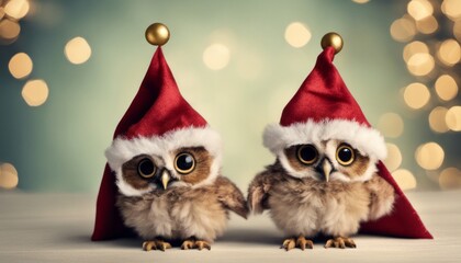 A whimsical image of a group of baby owls wearing elf hats, with [Blank Space] for adding holiday wishes