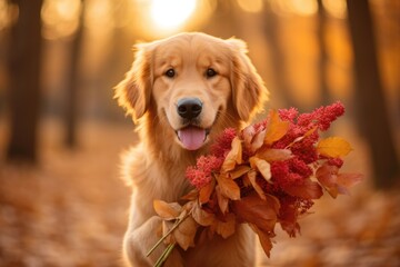 Golden Retriever holds a Flower Wreath with paws in an Autumn park