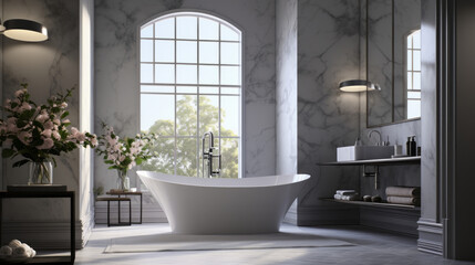 Bathroom with a marble countertop and dual vanity sinks and a spacious glass-enclosed shower and a clawfoot tub