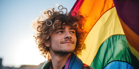 Middle-aged young man with LGBTQ flag - obrazy, fototapety, plakaty