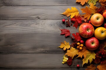 Naklejka na ściany i meble top view autumn harvest Fruits and Vegetables on rustic wooden background. Concept of presenting and selling farming production, text copy space