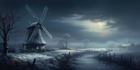 old dutch landscape, night scenery with a windmill in winter - obrazy, fototapety, plakaty