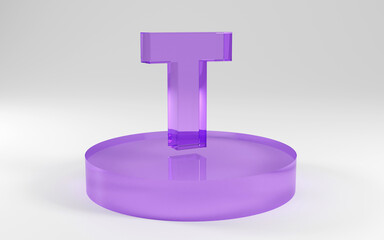 3d alphabet, letters shape made of purple glass on grey background, 3d render, letter T