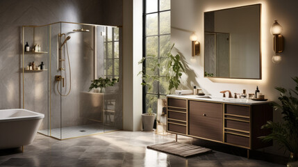 Bathroom with a modern vanity and a sleek glass shower and a gold-framed mirror
