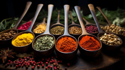 Traditional Indian recipe spices in spoons background 