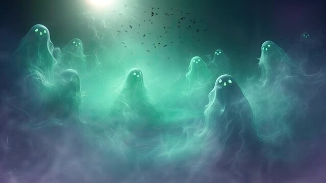 halloween night decorative with creepy ghost  and flying bat  background. seamless looping time-lapse virtual video animation background.	