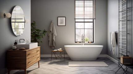 Fototapeta na wymiar Bathroom with a modern vanity and a freestanding clawfoot tub