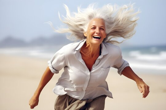 Joyful Radiance: Mature Woman Embracing Seaside Breeze. generative ai
