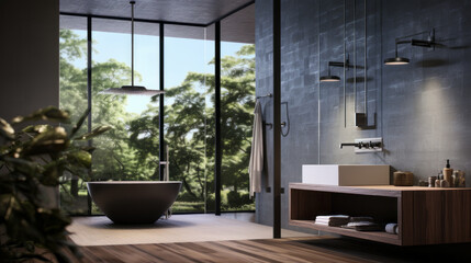 Bathroom with a rainfall showerhead and a freestanding tub and a floating vanity - obrazy, fototapety, plakaty
