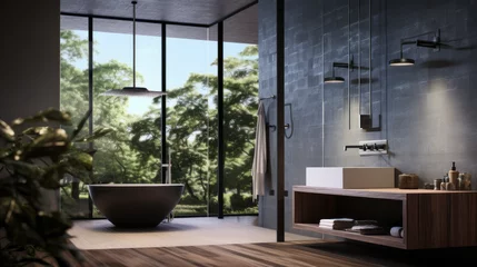 Muurstickers Bathroom with a rainfall showerhead and a freestanding tub and a floating vanity © Textures & Patterns