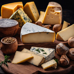 Wooden board with different kinds of delicious cheese on table. Generative Ai.	
