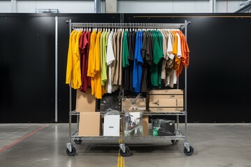 assorted garments displayed on a rack, trolley with payment card and carton. Generative AI - obrazy, fototapety, plakaty