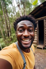 Happy young black man captures vacation memories with a friendly smile, taking a mobile selfie amidst the picturesque forest landscape