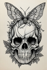 black and white skull tattoo illustration, skull pencil drawing