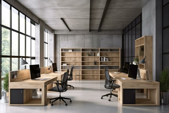 Modern collaborative office with wood and concrete, furnished and well-equipped. Represents workplace and commercial environment. 3D render. Generative AI
