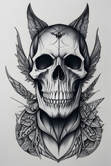 Fototapeta premium black and white skull tattoo illustration, skull pencil drawing