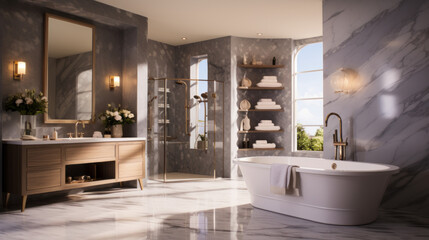 Bathroom with marble flooring and a luxurious spa shower and a double vanity
