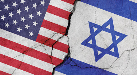 Flags of USA and Israel, cracked concrete wall texture, grunge background, concept of military conflict