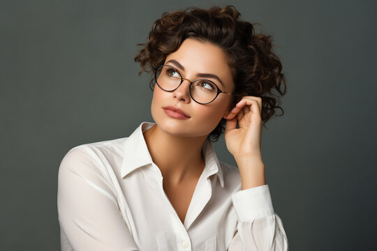 Thinking business woman, person in glasses, short hait