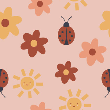 cute seamless pattern with flowers, ladybug and sun