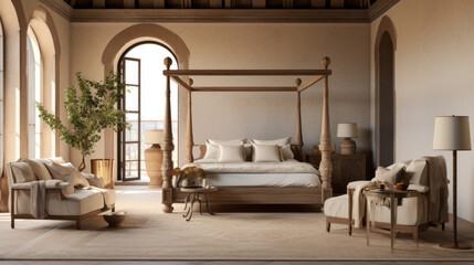 beautiful bedroom is dressed in warm and earthy tones A luxurious four-poster bed stands in the center of the room and a large armchair sits in the corner - obrazy, fototapety, plakaty