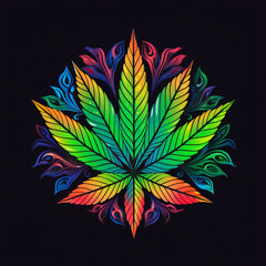 colorful marijuana leaf with mandala art isolated on black background