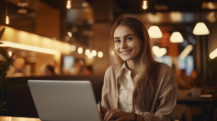 girl in a cafe with laptop
