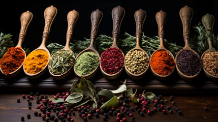 Different spices in spoons