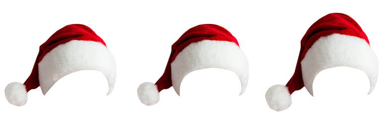 Set of three red santa hats in PNG isolated on transparent background. New Year red hat - obrazy, fototapety, plakaty